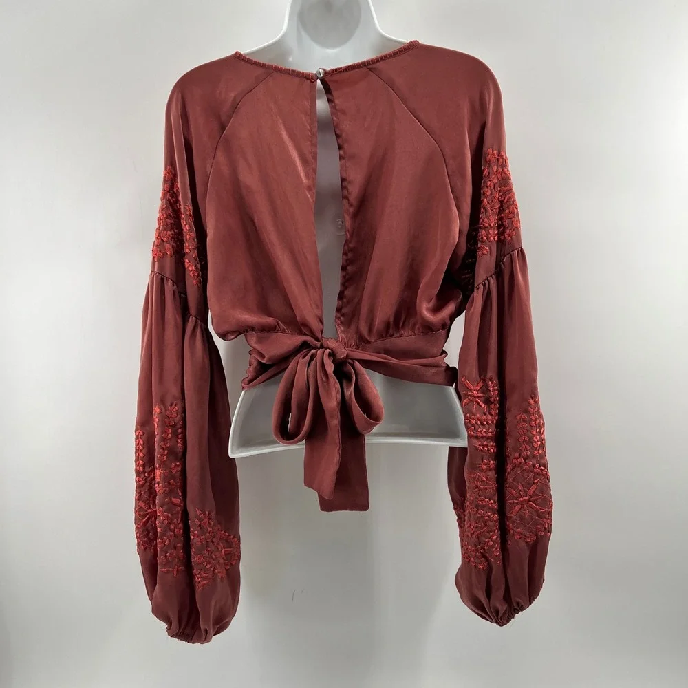 Free People Embroidered Top Womens Sz S Boho Satin Balloon Sleeve Festival